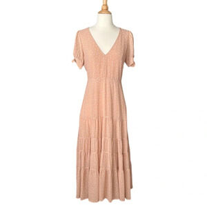DRESS FORUM Maxi Dress Polka Dot Chiffon Nude Pink Tiered, Size Small